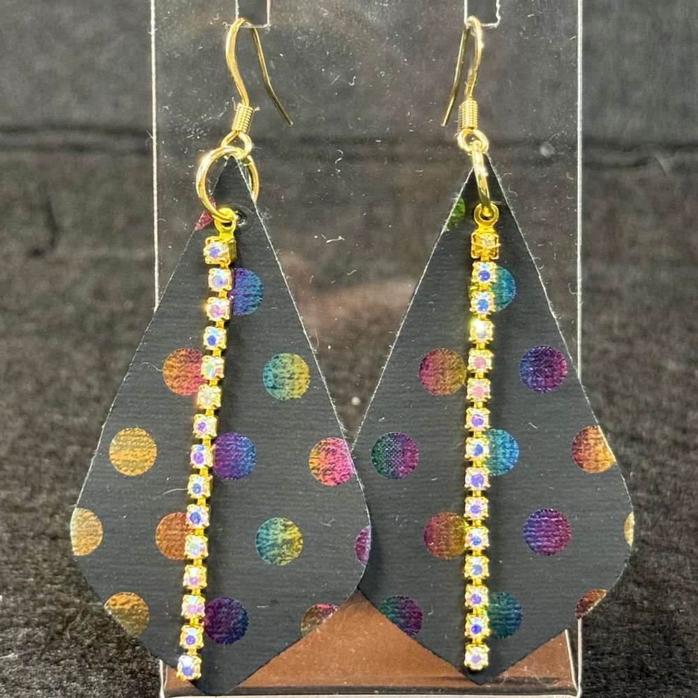 Elegant Gold and Black Polka Dot Faux Leather Earrings